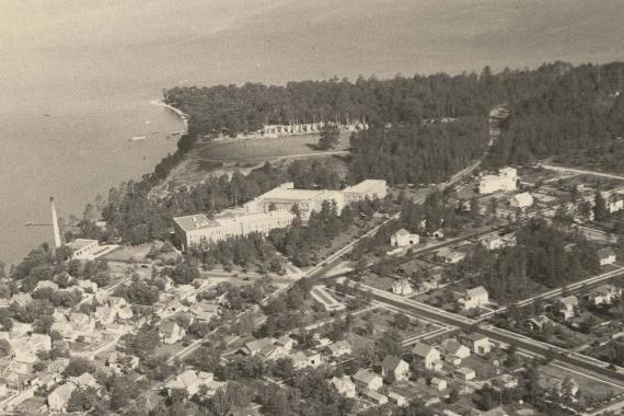 An aerial photo of Bemidji State taken in 1938